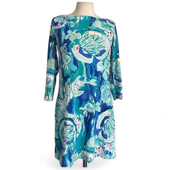 Lilly Pulitzer Gold Button Knee Length Vibrant Long Sleeve Patterned Dress sz S - Picture 1 of 5